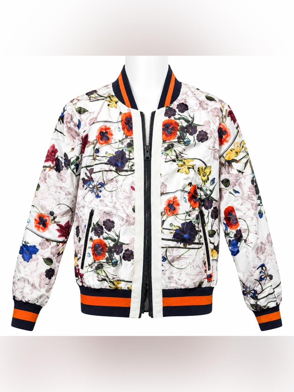 RACHEL Rachel Roy White Floral Bomber Jacket with Navy & Orange Trim